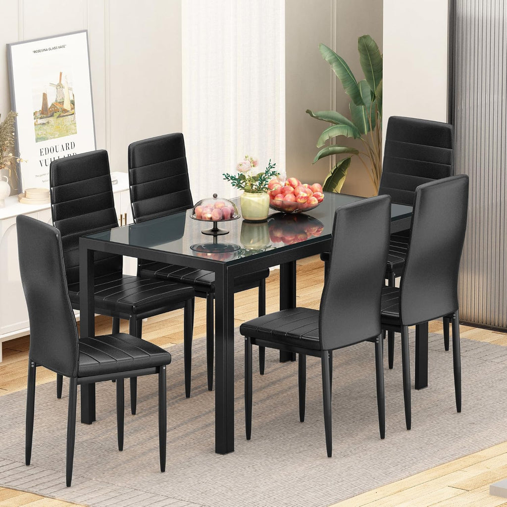 Recaceik 7 Piece Dining Table Set for 6, Tempered Glass Kitchen Table and PU Leather Chairs, Modern Dining Room Table Set for Small Space, Apartment