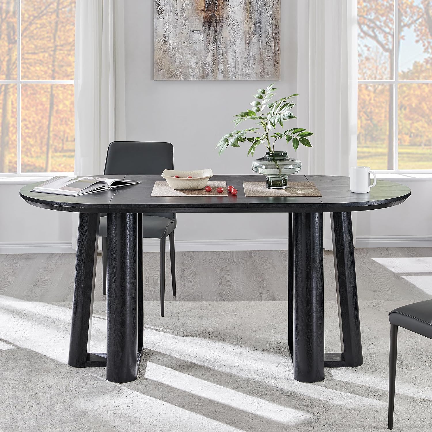 OKD 63' Dining Table for 6-8, Oval Dining Room Table with Triangular Structure Pedestal Stable Base, Curved Table Edge, Circle Kitchen Tables for Dining Room, Kitchen, Black Oak