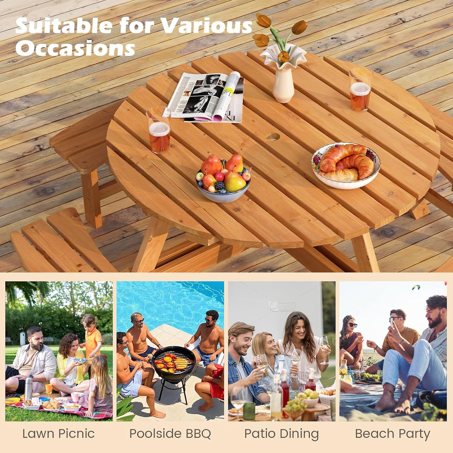Giantex 8-Person Round Picnic Table Set with 4 Benches, 550 LBS Bench Capacity, 2' Umbrella Hole, Circular Outdoor Wood Dining Table & Chairs for Patio Yard Garden Porch Deck (71'x71'x28',Yellow)
