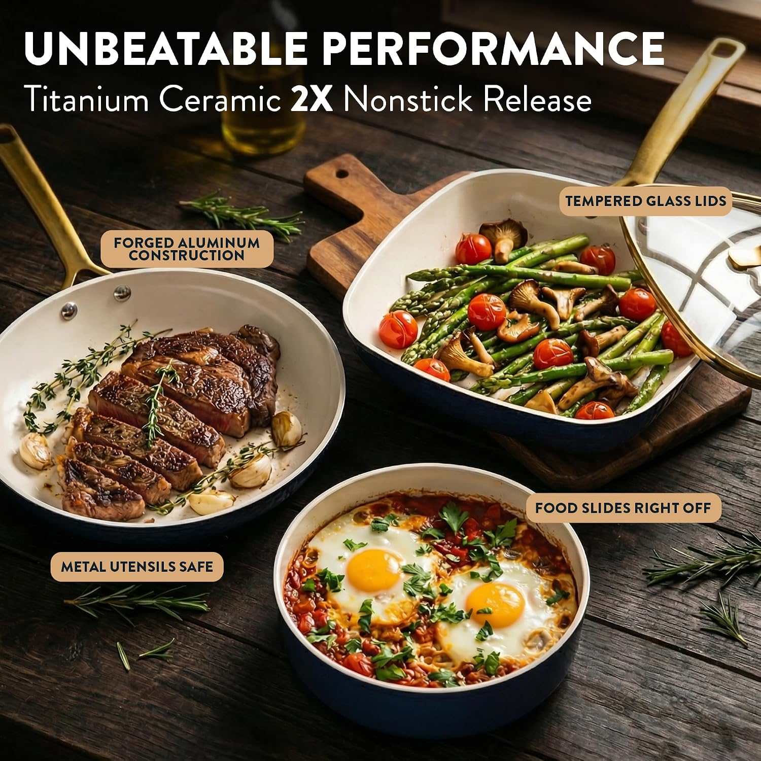 Gotham Steel Hammered 20Pcs Ceramic Cookware Set, Induction Pots and Pans Set Non Stick with Deep Fry Pan, Steamer, & Bakeware, Non Toxic PFOA PFOS Free, Oven & Dishwasher Safe