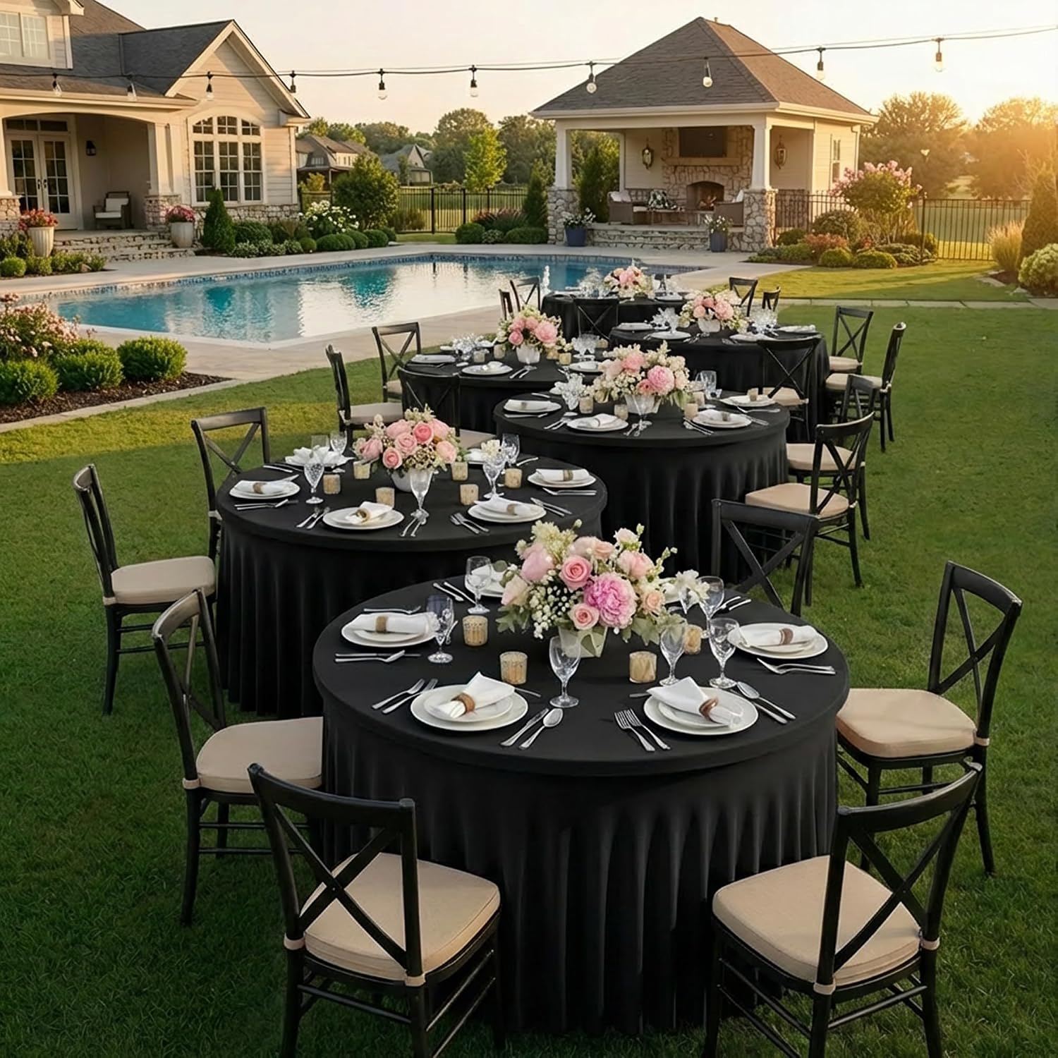 8 Pack Spandex Black Round Tablecloths for 72inch Table, Wrinkle Free 132inch Stretchy Fitted 6ft Round Table Cloth Covers with Skirt for Wedding Birthday Graduation Parties Banquet Events