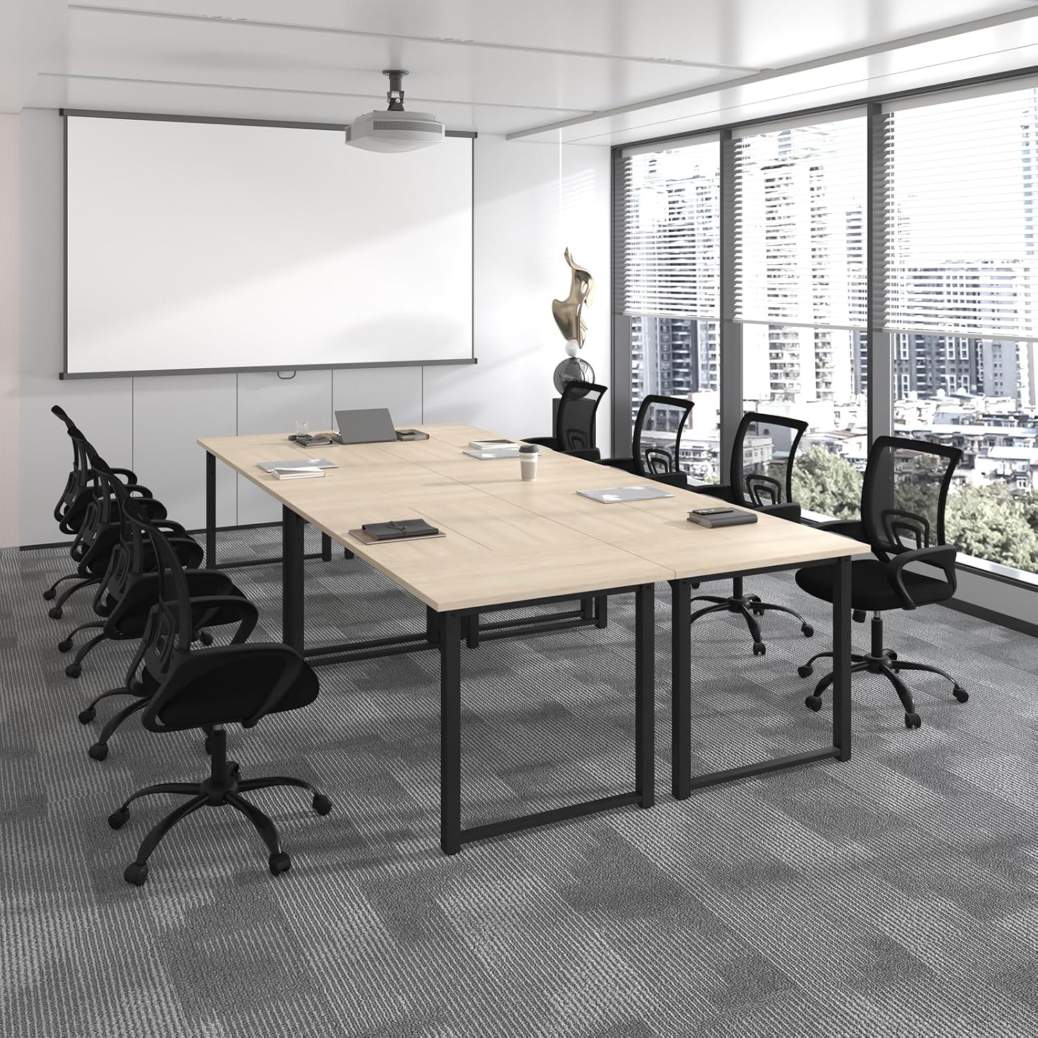 Bonzy Home 12FT Conference Table, Modern Large Meeting Table Office Desks for 16 Person, Long Rectangle Table with Sturdy Metal Frame, 4 PCS, 142' D x 64' W x 30' H, Natural