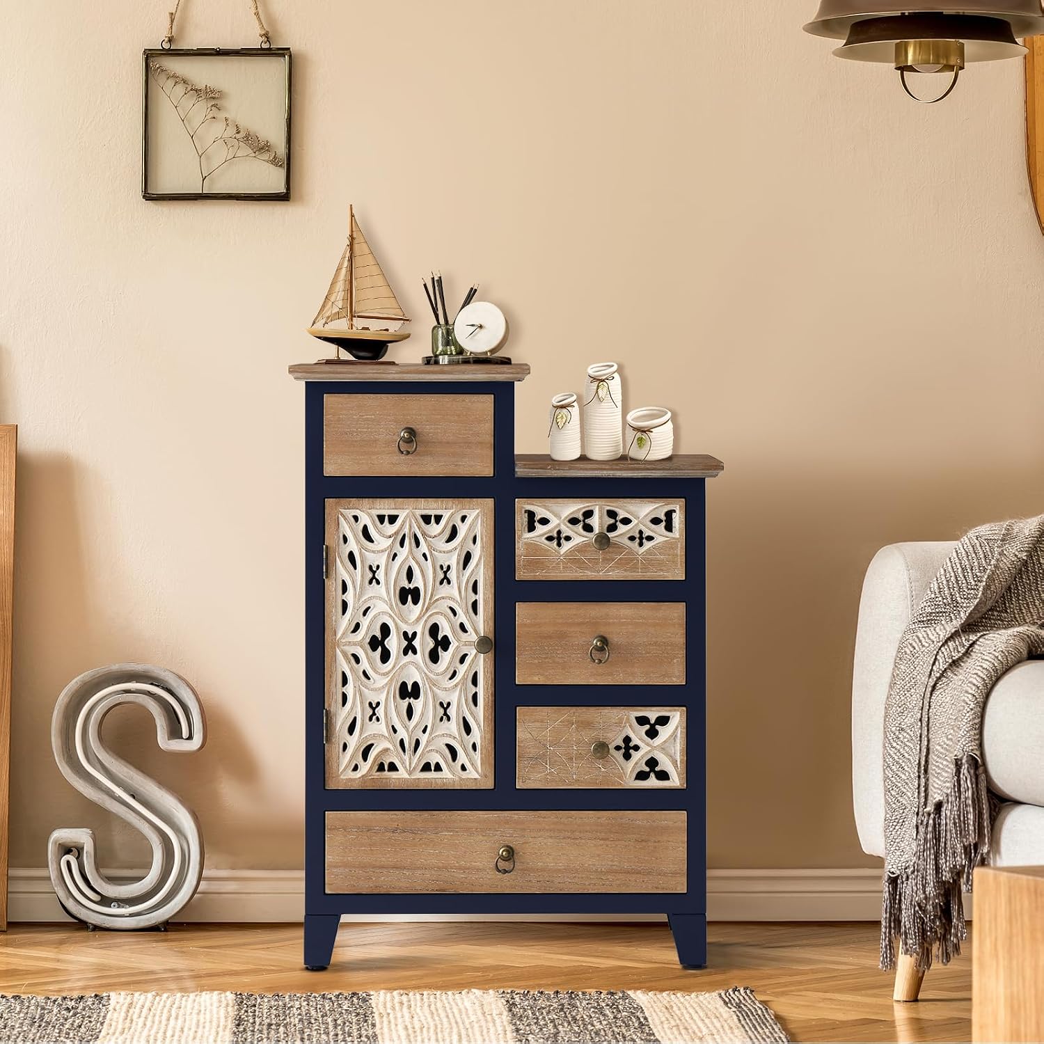 Ahokua Farmhouse Accent Chest with Carved Door and 5-Drawers, Vintage Storage Cabinet Modern Dresser for Living Room, Entryway, Hallway, Multi-Drawer Organizer, Natural and Deep Blue