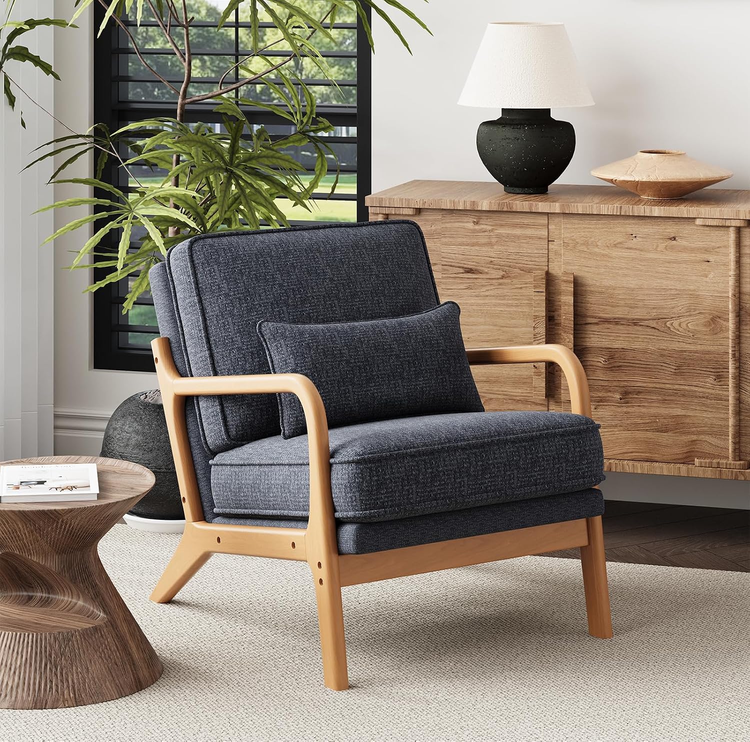 MALOL Accent Chair Set of 2 with Solid Wood Frame, Mid-Century Relaxing Armchair Lumbar Pillow& Soft Cushion, Reading Leisure Chair for Living Room, Bedroom, Waiting Room-Blue