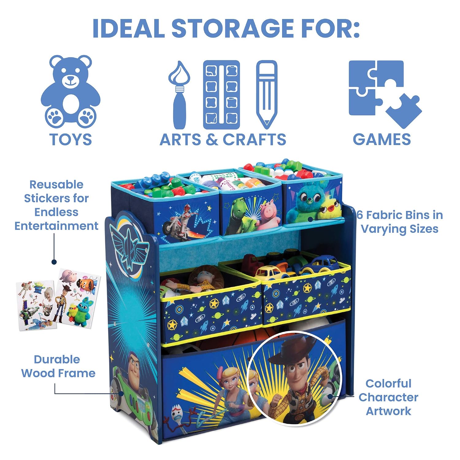 Delta Children Kids Table and Chair Set with Storage (2 Chairs Included) Plus Design and Store 6-Bin Toy Storage Organizer - Arts & Crafts, Homeschooling, Homework & More, Disney/Pixar Toy Story 4