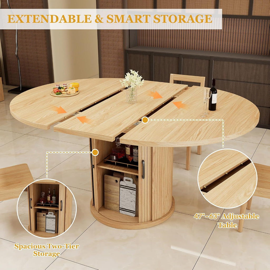 47.2'–63' Extendable Dining Room Table for 4-8, Round-to-Oval Expandable Dining Table with Dust-Proof 2-Tier Shelf, Space-Saving Wood Kitchen Table for Living Room, Oak