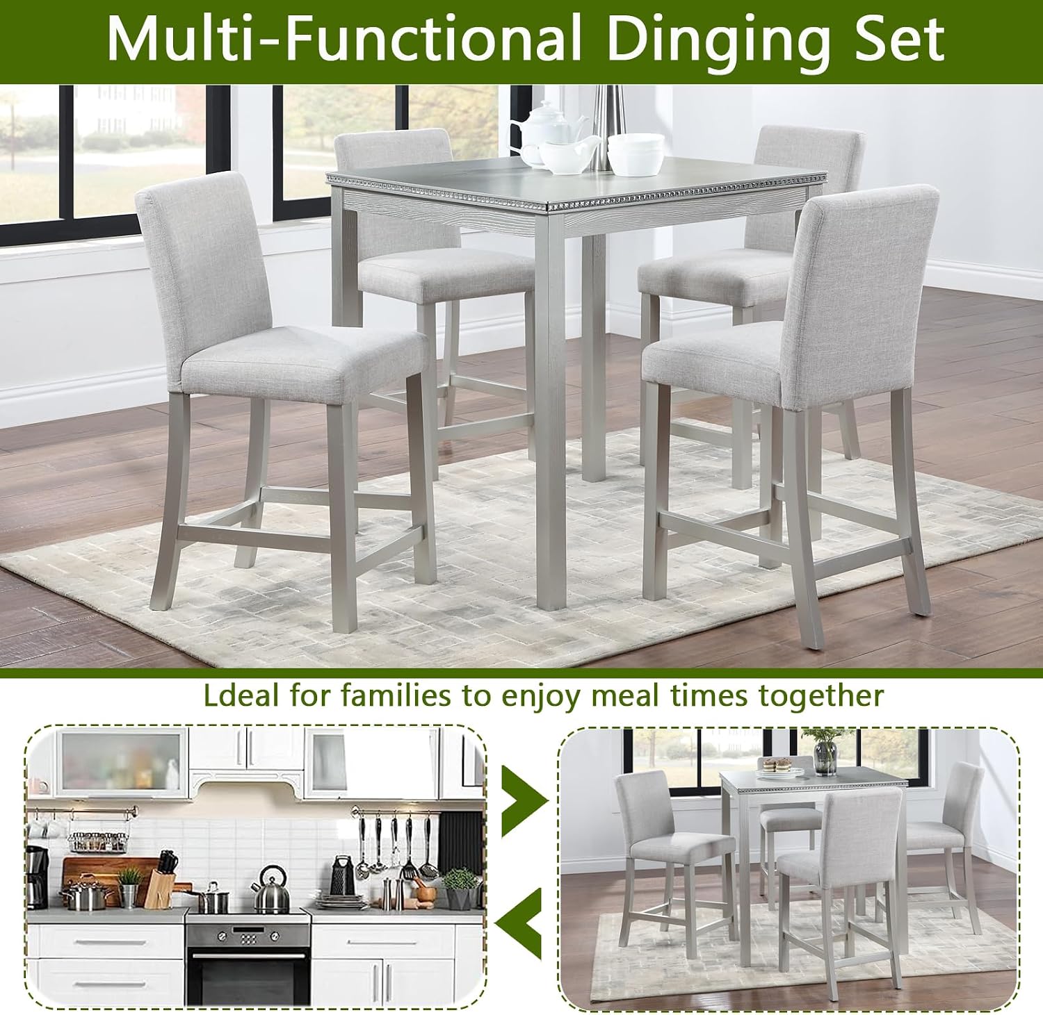 LUMISOL Dining Table Set for 4, 5-Piece Solid Wood Counter Height Kitchen Table Set with 4 Upholstered Chairs for Kitchen, Dining Room, Home Bar, Silver Gray