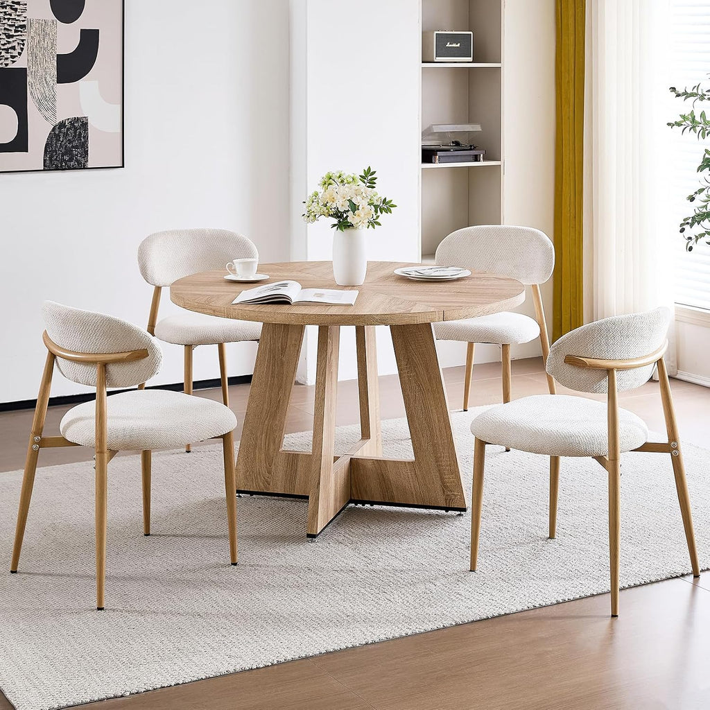47' Round Dining Table Set for 4 with Chairs Circle Kitchen Table and Chairs Set Mid-Century Modern Chair with Metal Legs for Apartment Living Room(1 Natural Table + 4 Beige Chairs)