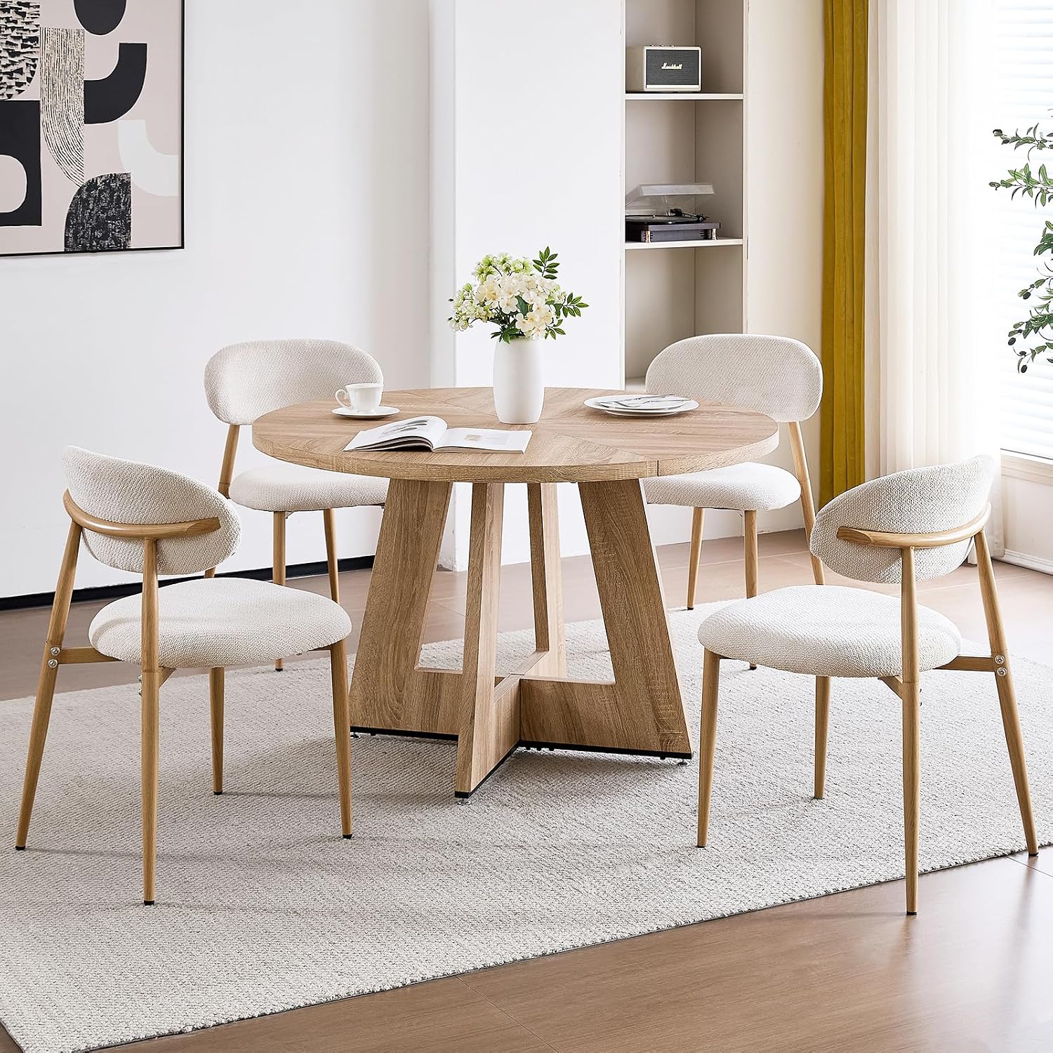 47' Round Dining Table Set for 4 with Chairs Circle Kitchen Table and Chairs Set Mid-Century Modern Chair with Metal Legs for Apartment Living Room(1 Natural Table + 4 Beige Chairs)