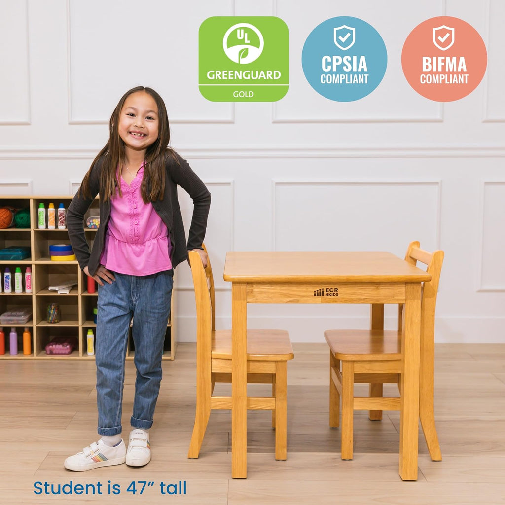 ECR4Kids 24in x 24in Square Hardwood Table with 24in Legs and Two 14in Chairs, Kids Furniture, Honey, 3-Piece