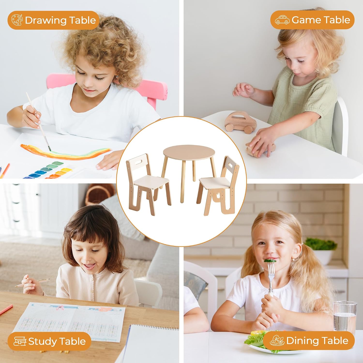ROBOTIME Wooden Kids Table and Chairs, Adjustable Height Toddler Table and Chair Set, Round Kids Desk and Chair Set for Ages 3+, Sturdy Design, Easy to Clean, Perfect for Study, Playroom & Mealtime