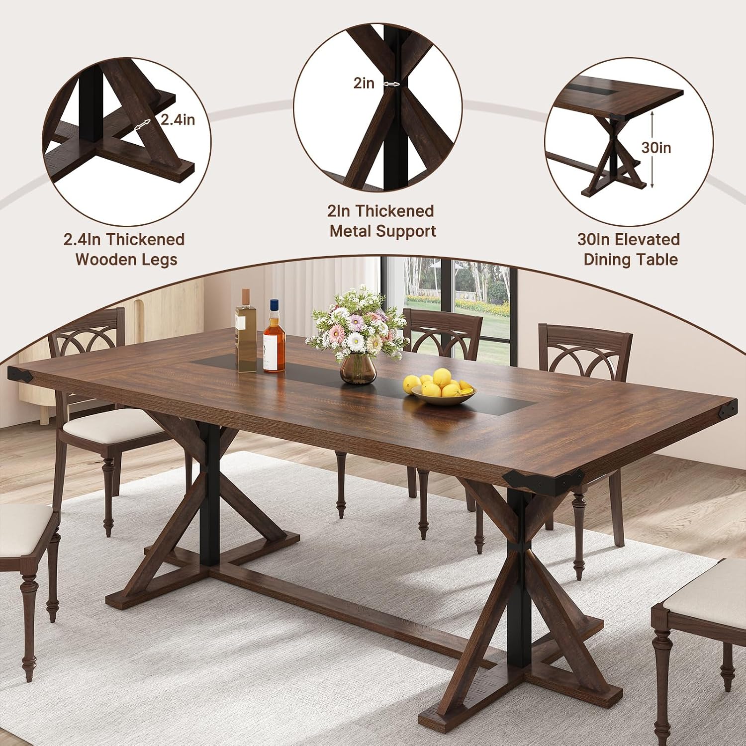 Hlivelood 78 Inch Dining Table for 8 People, Rectangular Kitchen Farmhouse Table W/Thickness Waterproof Wood Tabletop,Long Dining Room Tables W/Wood Strip Base for Kitchen Living Room(78IN Brown)