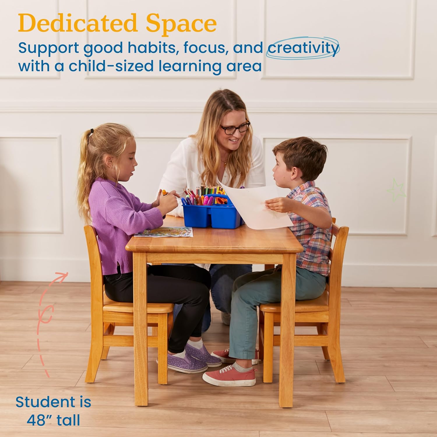ECR4Kids 24in x 36in Rectangular Hardwood Table and Chair Set, 12in Seat Height, Kids Furniture, Honey, 3-Piece