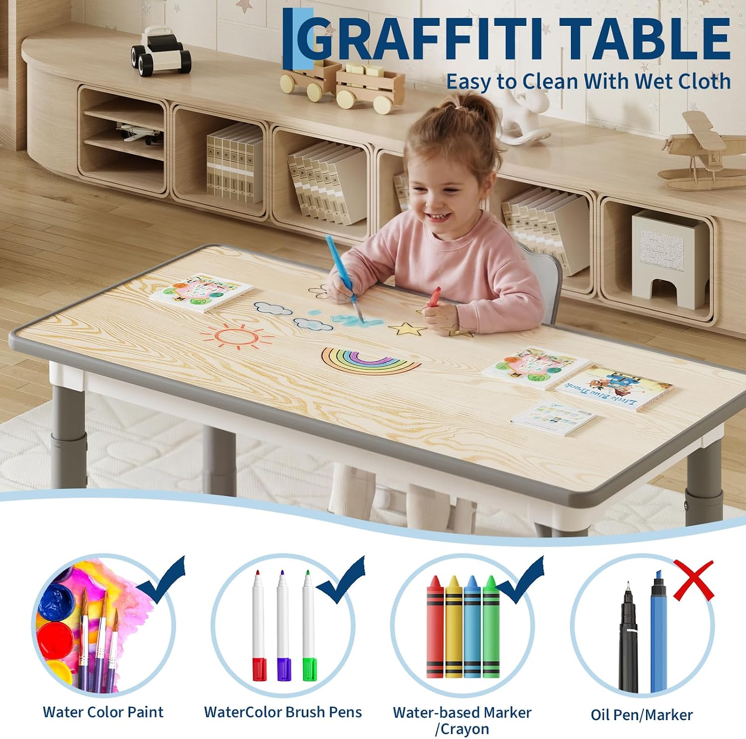 Garvee Kids Table and 6 Chair Set,47 in Modern Height Adjustable Toddler Table and 6 Chairs Set with Non-Slip Desk Legs& Organizer Graffiti Desktop,Preschool Activity Art Craft Tables for 6（Gray