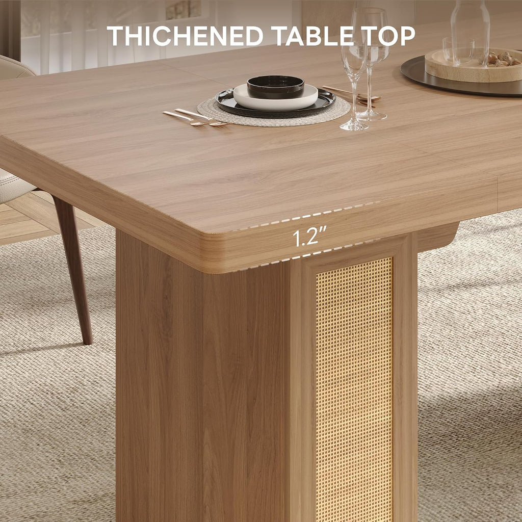 LIKIMIO 78.7' Farmhouse Dining Table for 6-8 People, Extra Thick Wood Top with 2 Hidden Adjustable Storage Drawers, Modern Woven Rattan Table for Dining Room, Kitchen, Living Room, Rustic White