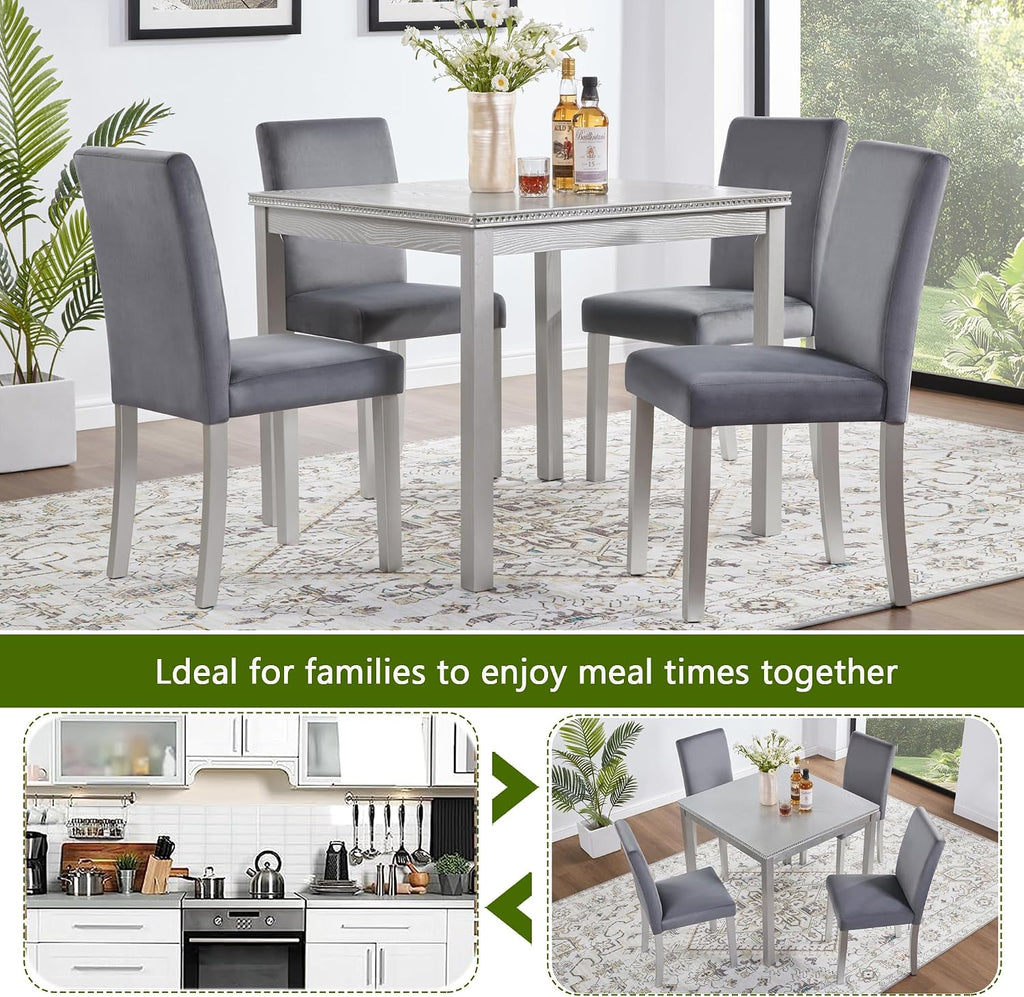 LUMISOL 5 Piece Wooden Dining Table Set, Farmhouse Kitchen Table Set with a Square Table and 4 Upholstered Chairs, Dining Room Table with Crystal Decoration and Chairs Set, Sliver Grey