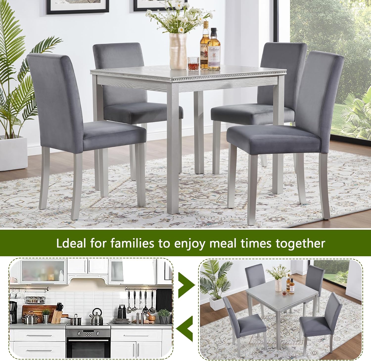 LUMISOL 5 Piece Wooden Dining Table Set, Farmhouse Kitchen Table Set with a Square Table and 4 Upholstered Chairs, Dining Room Table with Crystal Decoration and Chairs Set, Sliver Grey