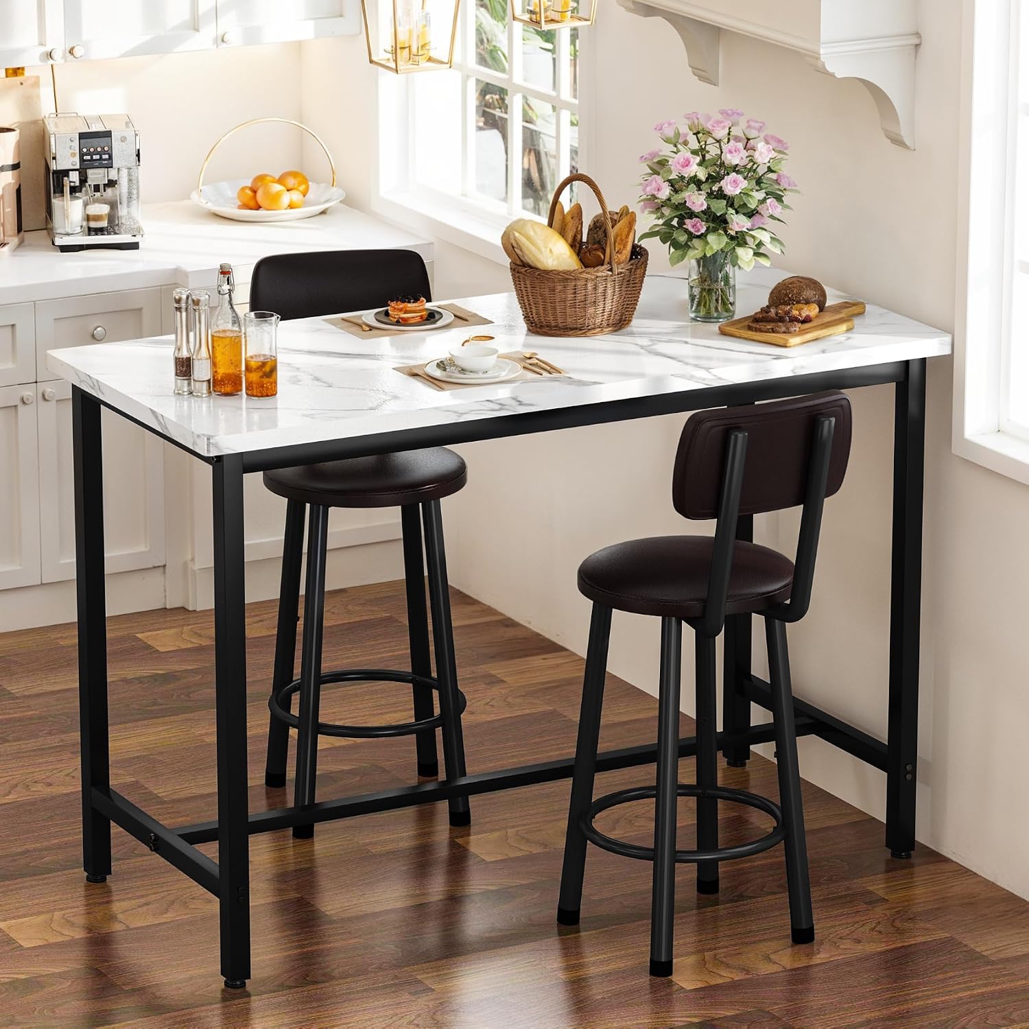 Recaceik 3 Piece Bar Table with Stools Set for 2, Modern Faux Marble High Top Small Dining Table and Chairs, Pub Bistro Set for Dining Room, Kitchen, Breakfast Nook, Small Space, Apartment