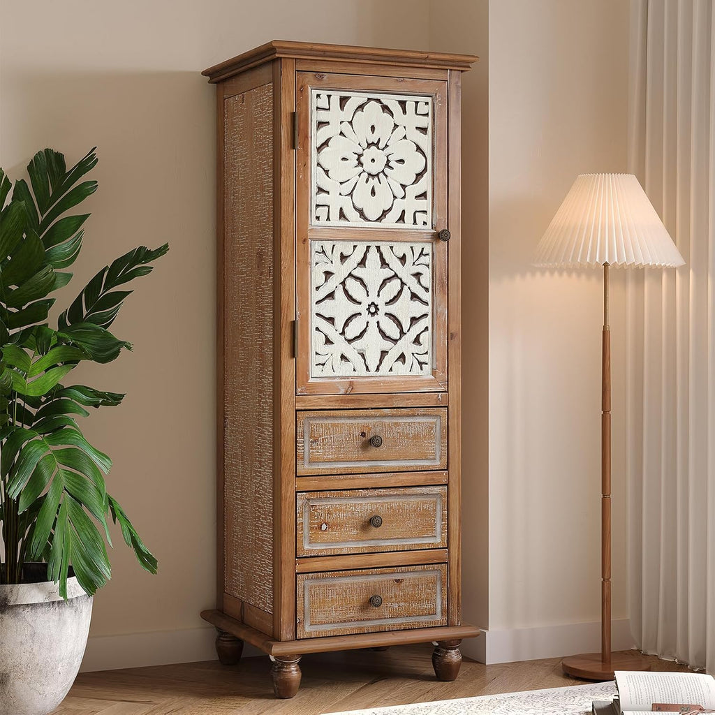 LKTART Solid Wood Accent Storage Cabinet with Carved Doors,54' Tall Thin Storage Cabinet with Drawers for Entryway,Kitchen,Living Room