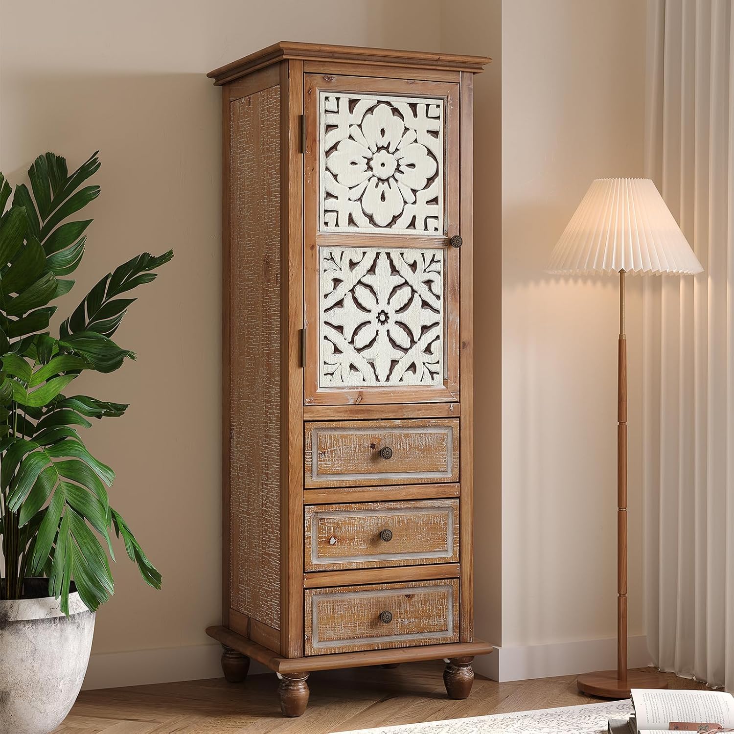 LKTART Solid Wood Accent Storage Cabinet with Carved Doors,54' Tall Thin Storage Cabinet with Drawers for Entryway,Kitchen,Living Room