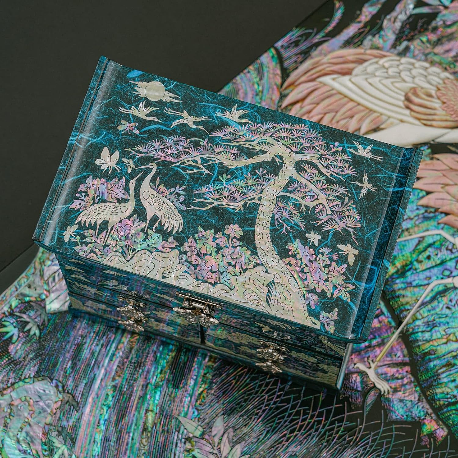 February Mountain Elegant Mother of Pearl Jewelry Box – Handcrafted Wooden Chest with Intricate Butterfly and Crane Designs, 4 Drawer Storage, and Red Velvet Interior – Ideal Gift for Women