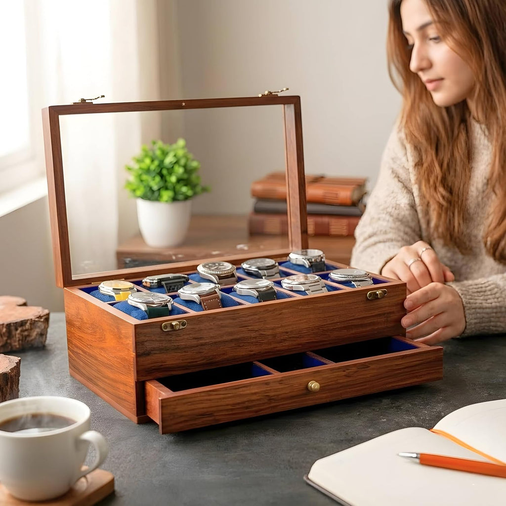Royal Craft Expertise® 10-Slot Premium Wooden Watch Box for Men – Handcrafted Rosewood Organizer with Soft Velvet Lining | Elegant Display Case with Drawer | Ideal for Watch Storage & Gifting