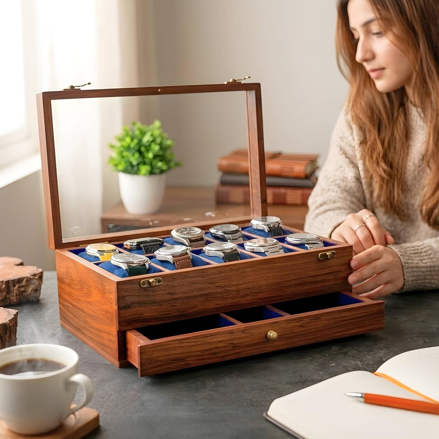 Royal Craft Expertise® 10-Slot Premium Wooden Watch Box for Men – Handcrafted Rosewood Organizer with Soft Velvet Lining | Elegant Display Case with Drawer | Ideal for Watch Storage & Gifting
