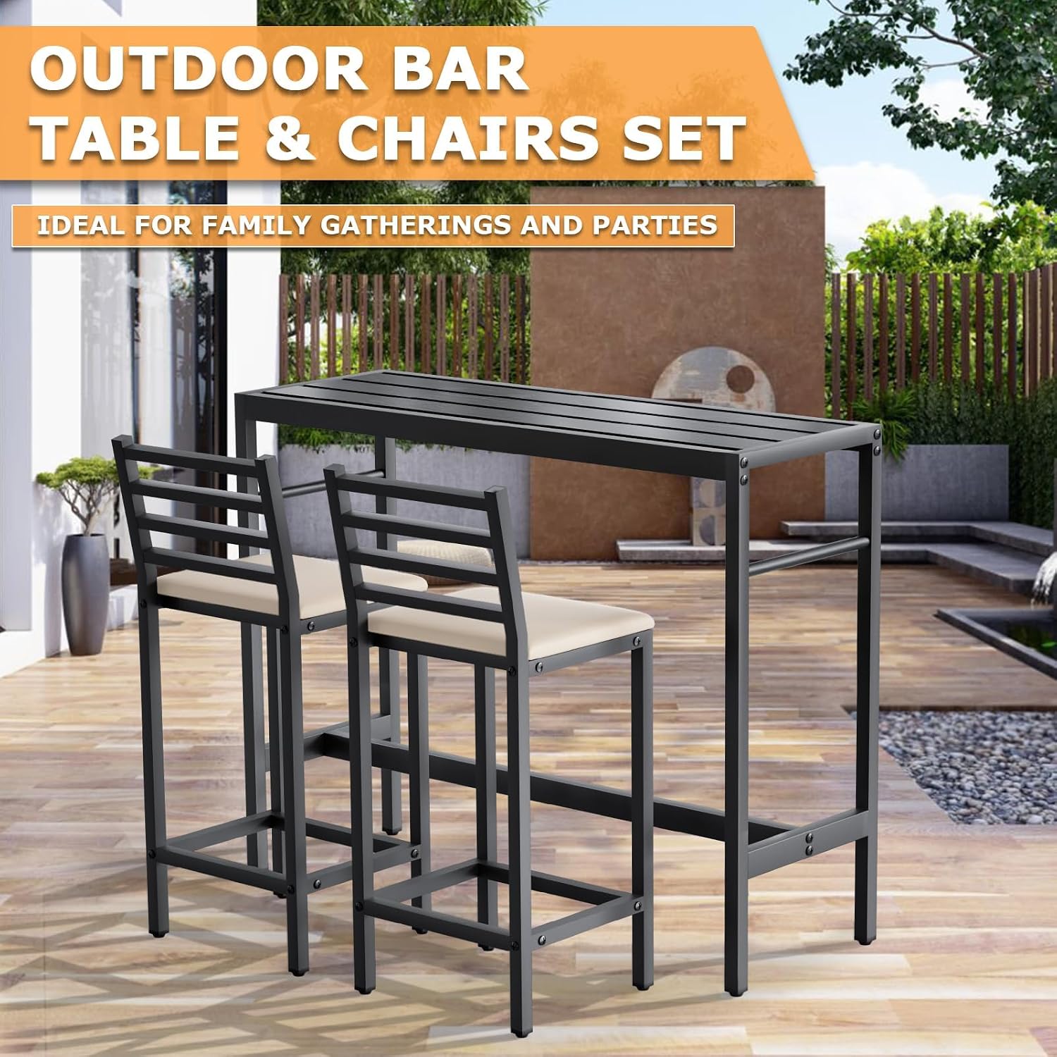 Outdoor Patio Bar Set 3 Piece,50' Rectangular Counter Height High Top Bar Tables, 2 Cushioned 41' Bar Stools, Metal Bar Table and Chairs Set for Poolside, Balcony, Backyard, Porch