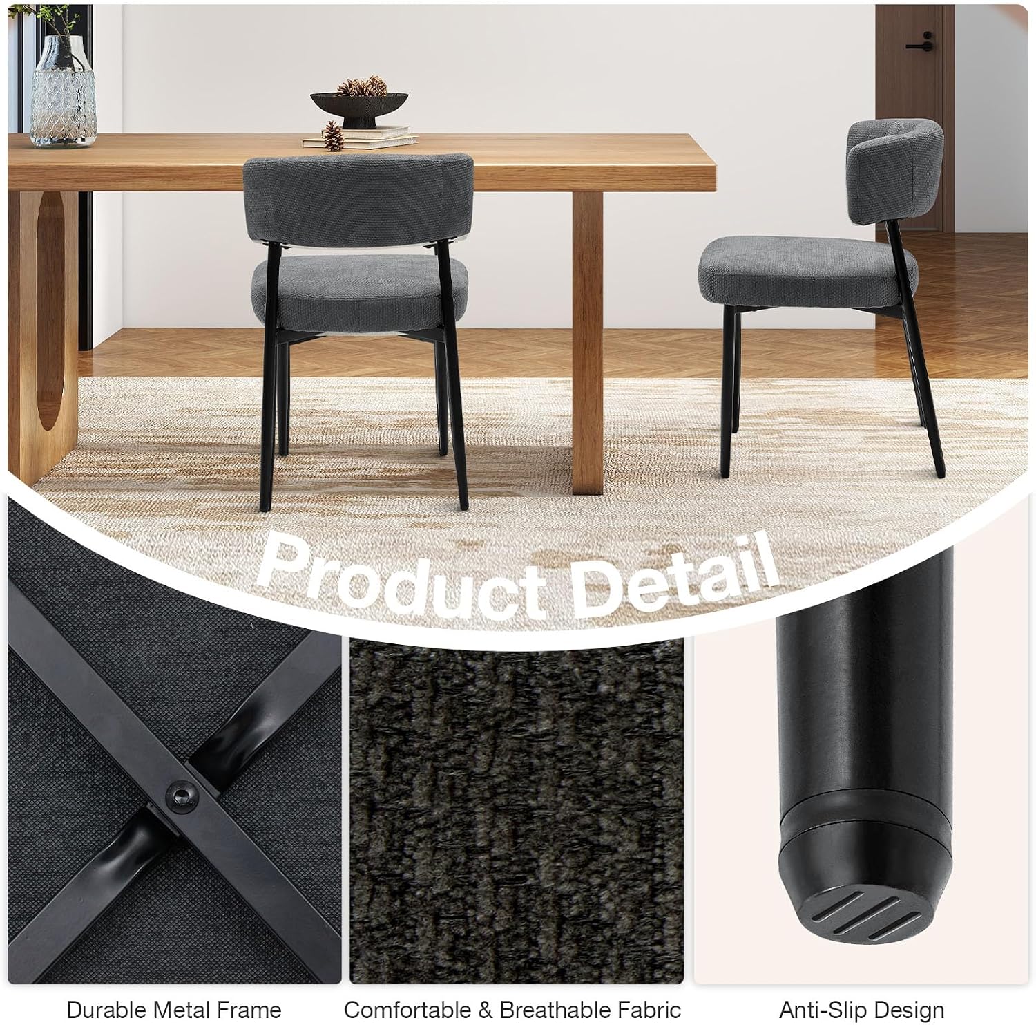 DUMOS Dining Chairs Set of 4, Mid Century Modern Chair Round Upholstered Curved Backrest, Kitchen Vanity Living Room Chairs with Black Metal Legs, Grey