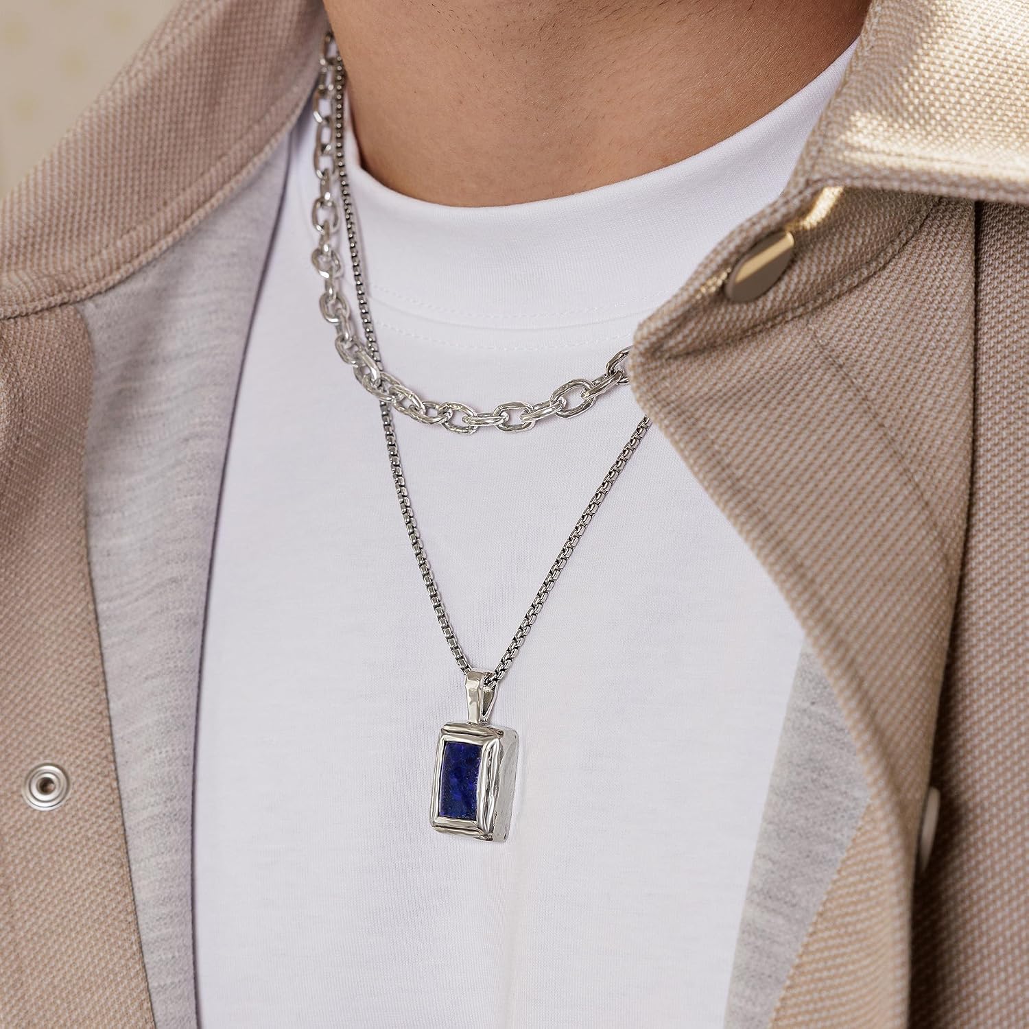 JEAN RACHEL JEWELRY Men's 2-Piece Necklace Layering Set - Solid 925 Sterling Silver Hammered Link Chain & Lapis Lazuli Beads - Curated Stack