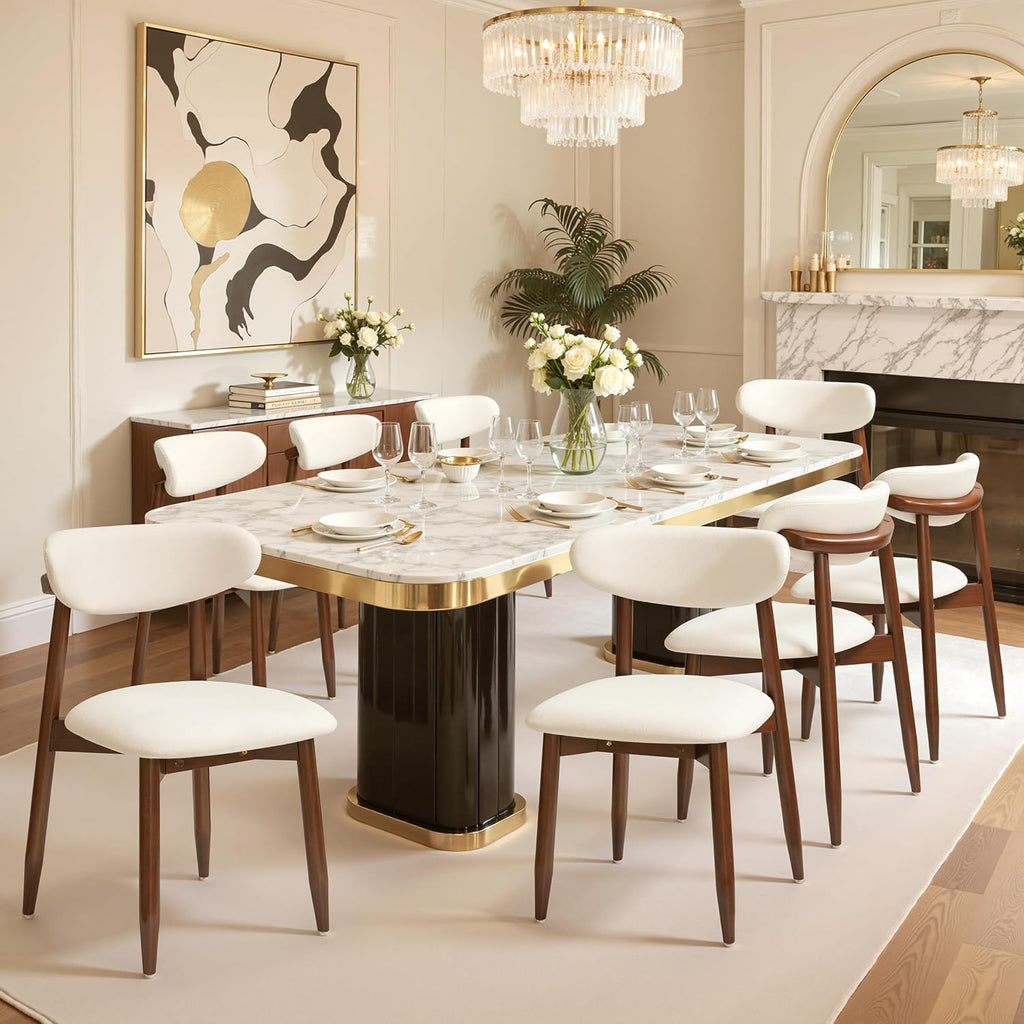 CHUN YI Dining Chairs Set of 8, Upholstered Wooden Dining Room Chairs, Mid Century Modern Fabric Kitchen Chair with Ergonomic Curved Backrest, Beige (Only Chairs)