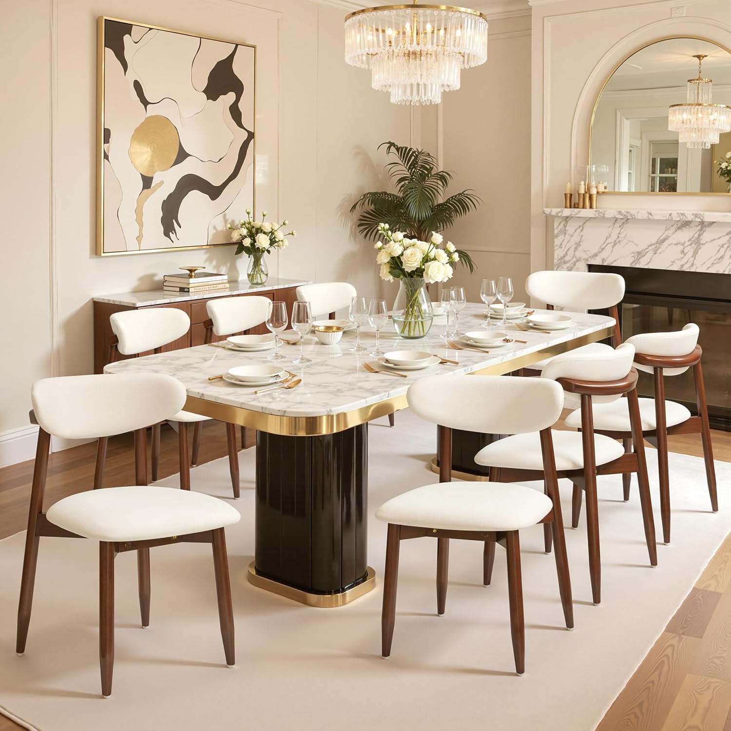 CHUN YI Dining Chairs Set of 8, Upholstered Wooden Dining Room Chairs, Mid Century Modern Fabric Kitchen Chair with Ergonomic Curved Backrest, Beige (Only Chairs)
