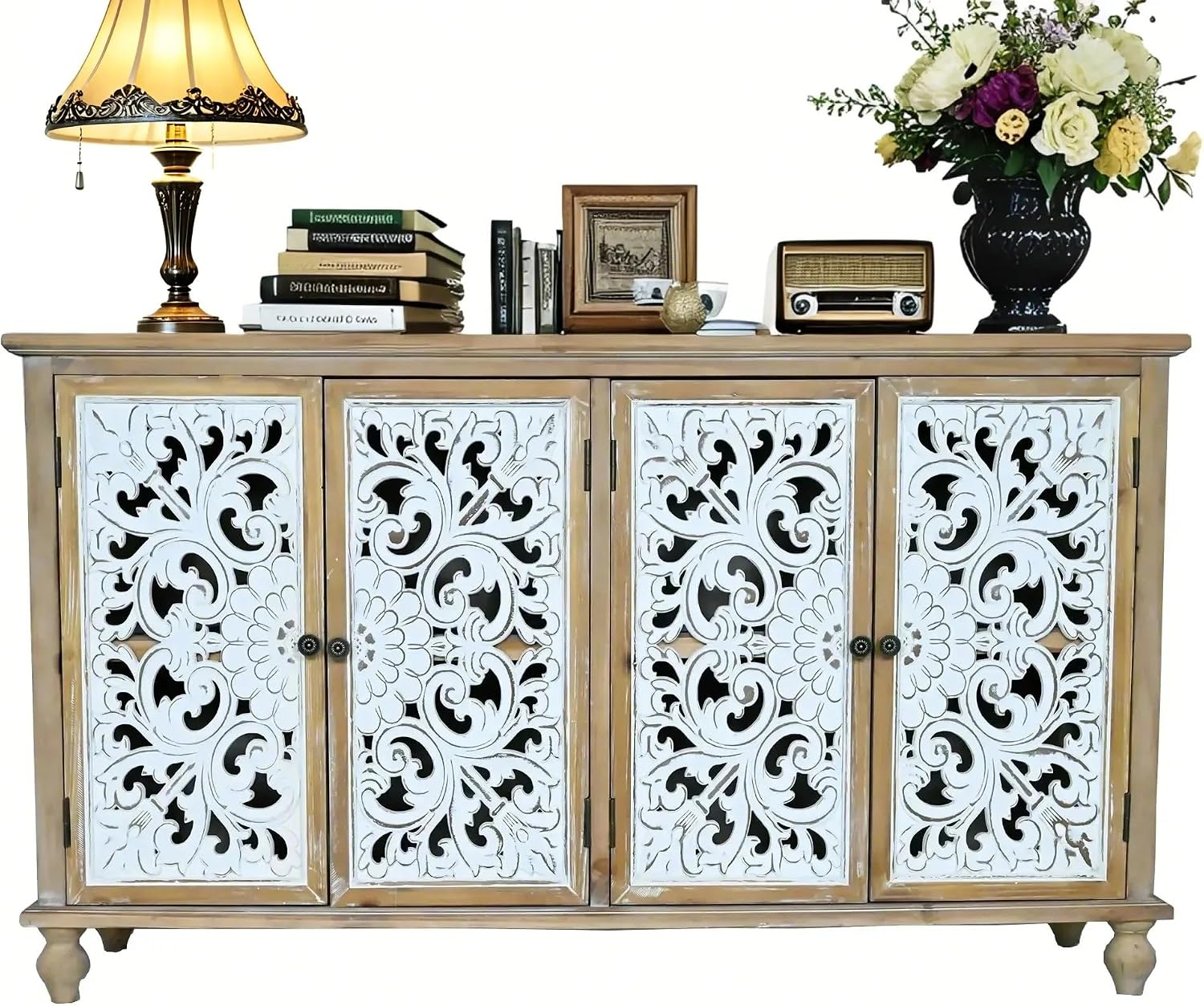 LKTART 60' Vintage Sideboard Buffet Cabinet,French Country Sideboard,Farmhouse Hollow Carved Credenza Accent Cabinet for Living Room, Dining Room, Natural Wood