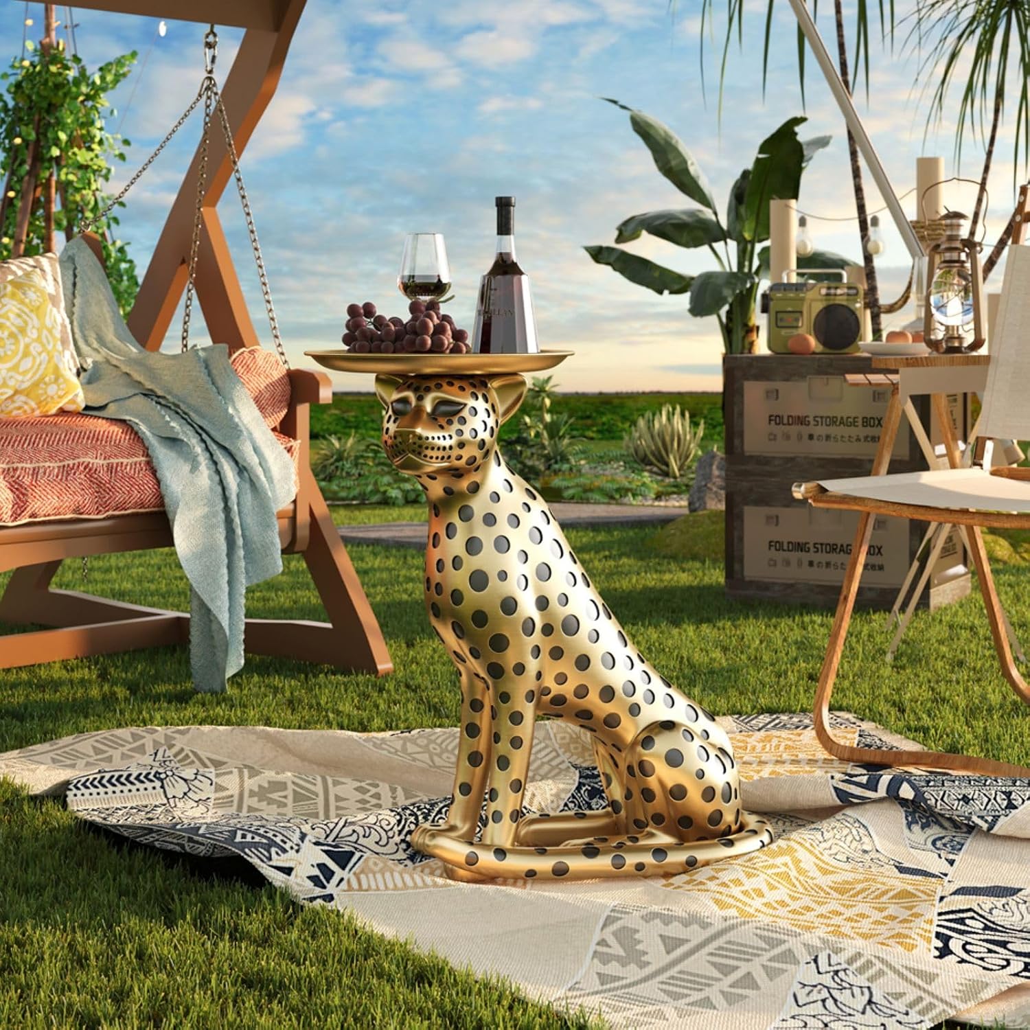 homary Animal Side Table with Tray Top– Gold Leopard Statue Panther Figurine End Table Art Decor for Home & Gifts