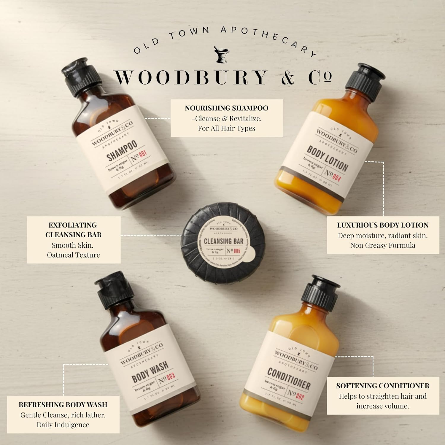 WOODBURY & CO Travel Size Shampoo Conditioner Body Wash Lotion & Soap (150 PK, 1.7 oz each), Guest Bathroom Essentials Toiletries Airbnb Bulk Mini Sets Hygiene Kits Paraben Free Air Bnb Toiletry