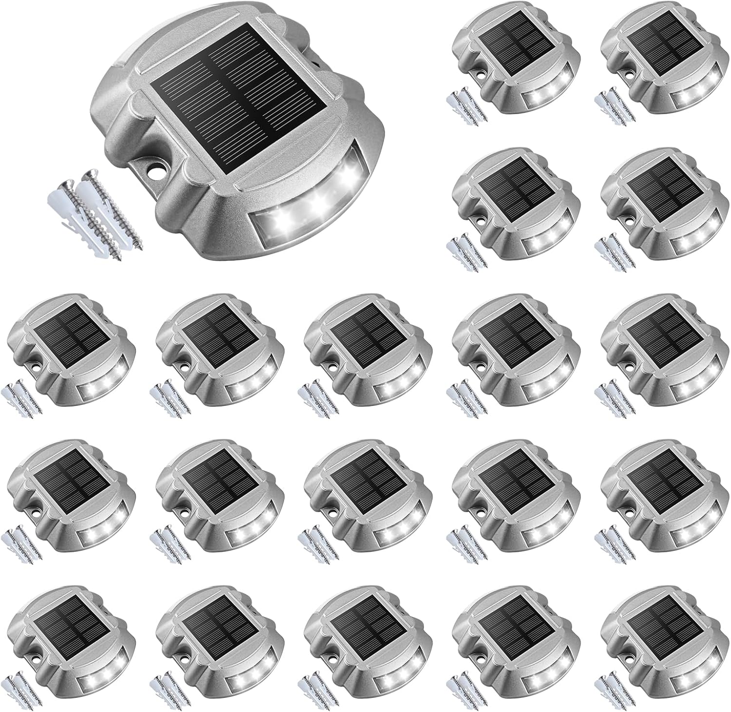 VOLISUN Solar Deck Lights Driveway Dock Lights, 20-Pack Led IP68 Waterproof Outdoor Warning Step Lights for Driveway Sidewalk Garden Pathway Yard(White, Auto On/Off
