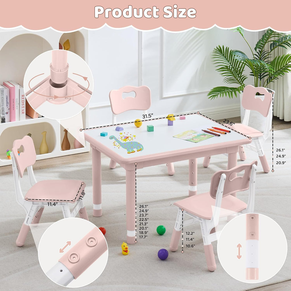 DOREROOM Kids Table and 4 Chairs Set, Height Adjustable (17.7'-26.1') Toddler Table and Chair Set, Multi-Activity Table with Graffiti Desktop, Children's Table and Chairs for Classroom, Home & Daycare
