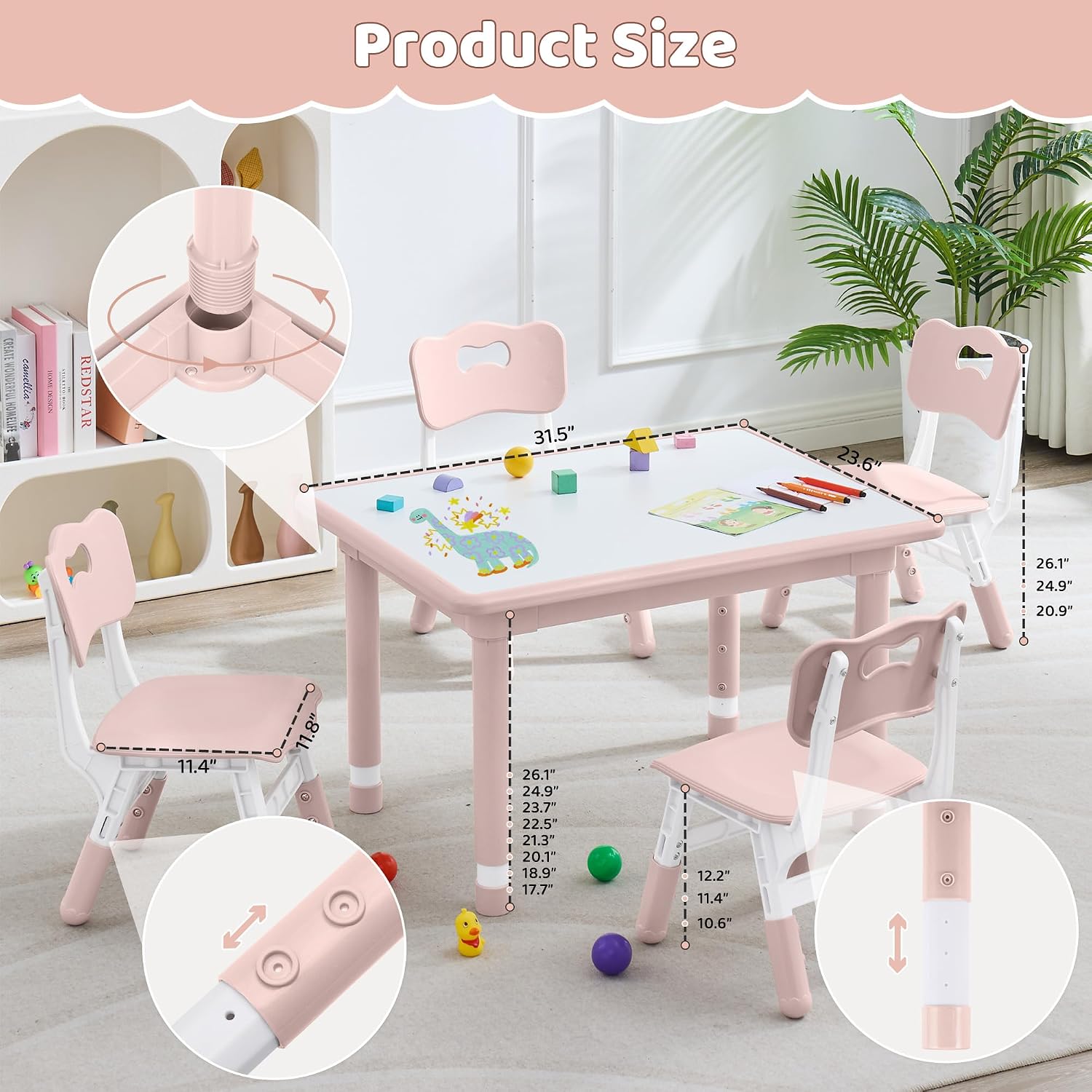 DOREROOM Kids Table and 4 Chairs Set, Height Adjustable (17.7'-26.1') Toddler Table and Chair Set, Multi-Activity Table with Graffiti Desktop, Children's Table and Chairs for Classroom, Home & Daycare