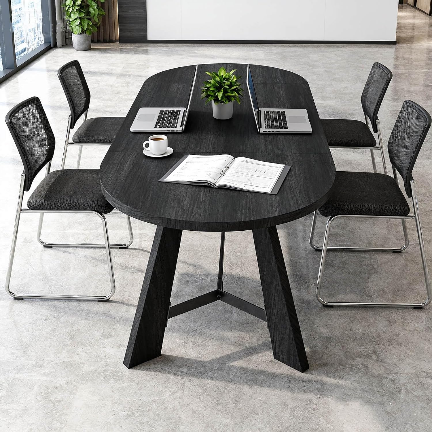 6FT Oval Conference Table, Rustic Black 70.86' W Meeting Table Fit 6-8 People, Modern Seminar Table Boardroom Desk for Office Meeting Conference Room