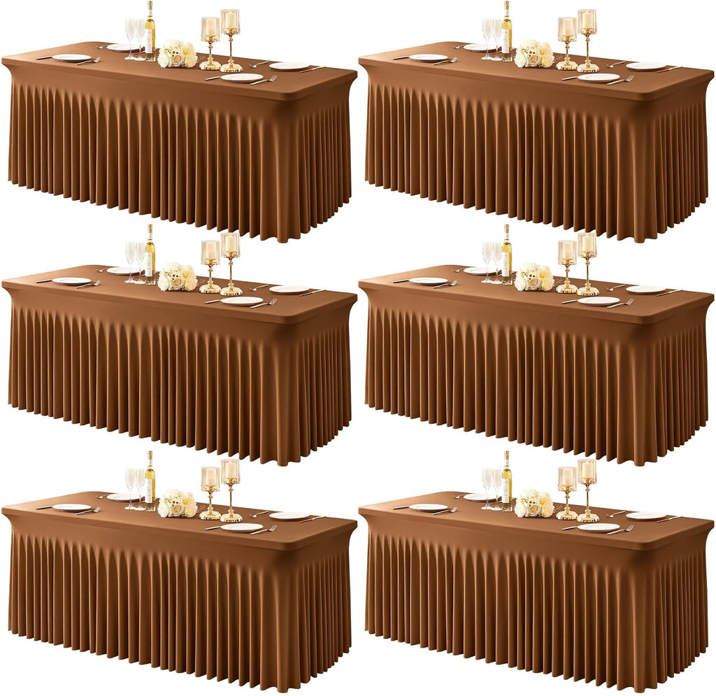 6 Packs Brown Spandex Tableclothes for 8 Foot Rectangle Tables, Wrinkle Free 8ft Fitted Table Cover Stretch Table Cloth Desk Skirt for Weddings Baby Shower Birthday Party Banquet Decorations
