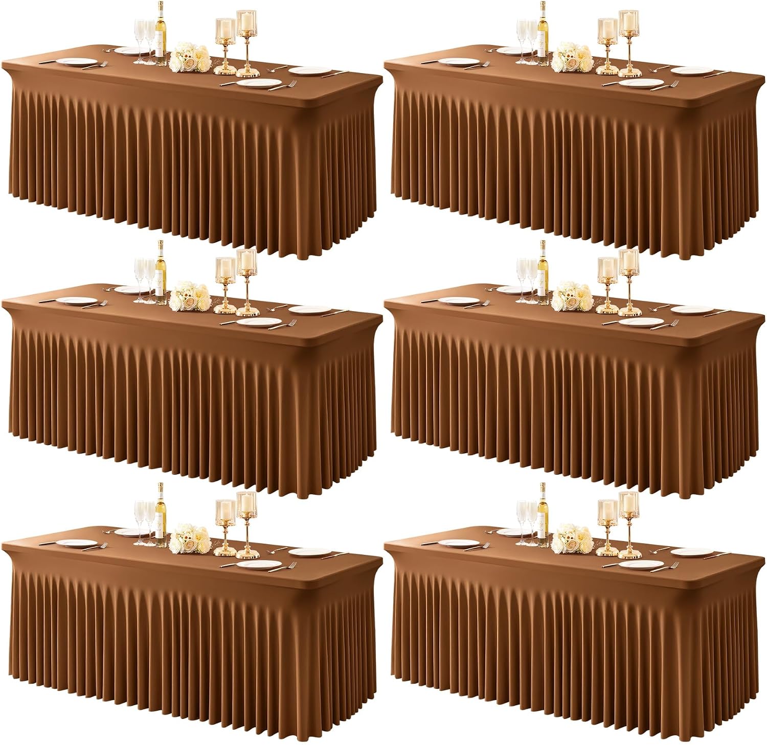 6 Packs Brown Spandex Tableclothes for 8 Foot Rectangle Tables, Wrinkle Free 8ft Fitted Table Cover Stretch Table Cloth Desk Skirt for Weddings Baby Shower Birthday Party Banquet Decorations