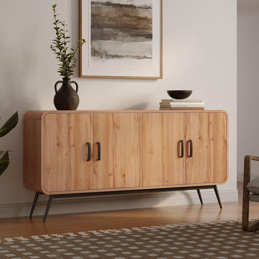LuxenHome Sideboard Buffet Cabinet with Storage, 63'Mid Century Modern 4-Door Accent Pantry Cabinets with Black Metal Legs, Wood Console Table for Home Decor Living Room, Dining Room, Entryway, Office