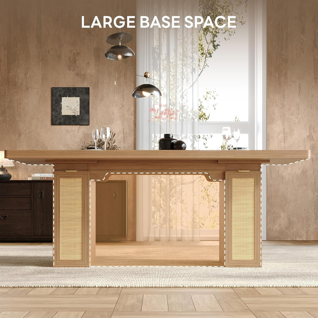 LIKIMIO 78.7' Farmhouse Dining Table for 6-8 People, Extra Thick Wood Top with 2 Hidden Adjustable Storage Drawers, Modern Woven Rattan Table for Dining Room, Kitchen, Living Room, Rustic White