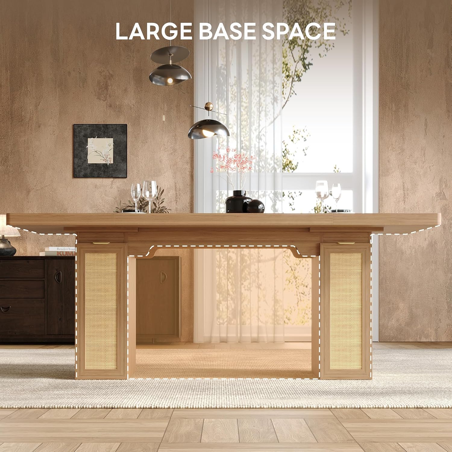 LIKIMIO 78.7' Farmhouse Dining Table for 6-8 People, Extra Thick Wood Top with 2 Hidden Adjustable Storage Drawers, Modern Woven Rattan Table for Dining Room, Kitchen, Living Room, Rustic White