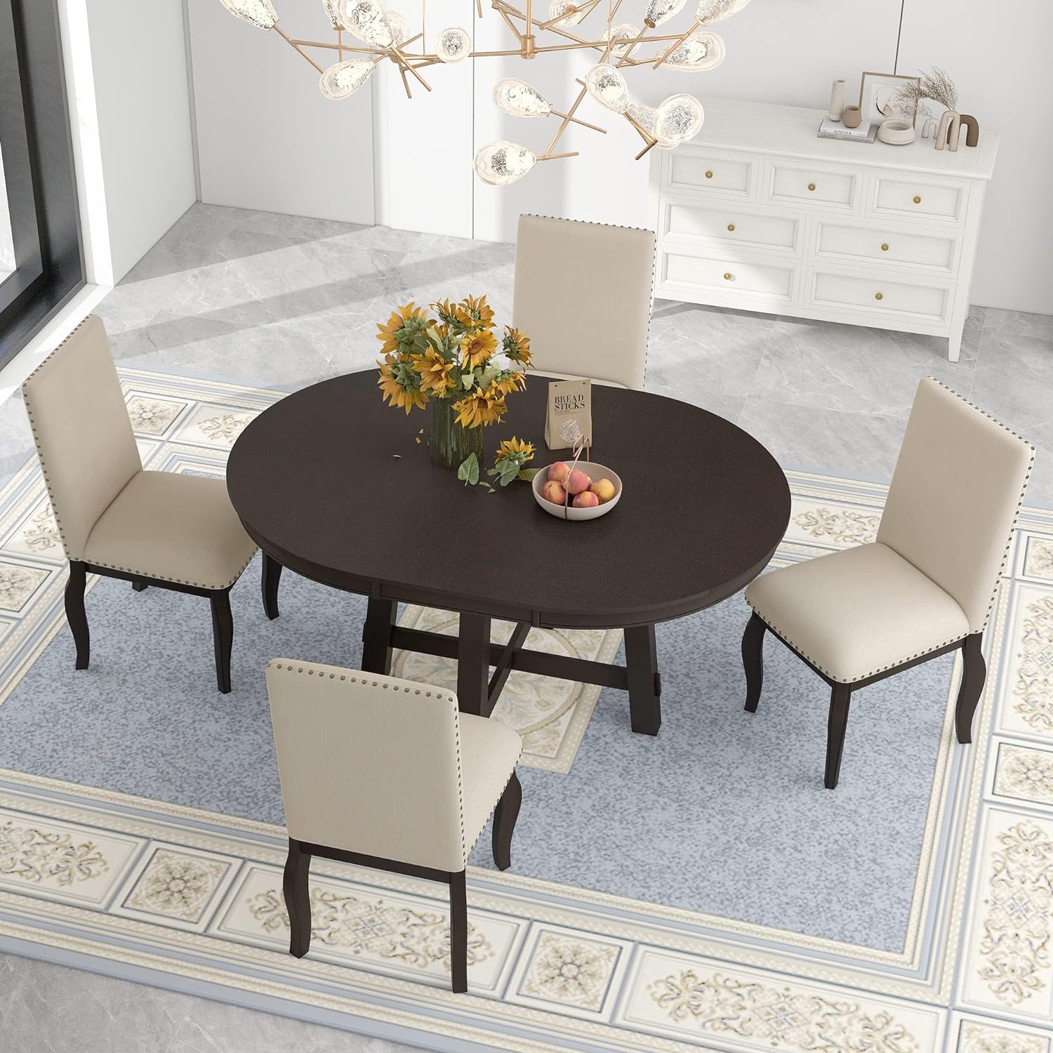 Harper & Bright Designs Kitchen Dining Table Set for 4, Wood Round Extendable Dining Table and 4 Dining Chairs Dining Table Set (Espresso), ST000074AAP-MZJ
