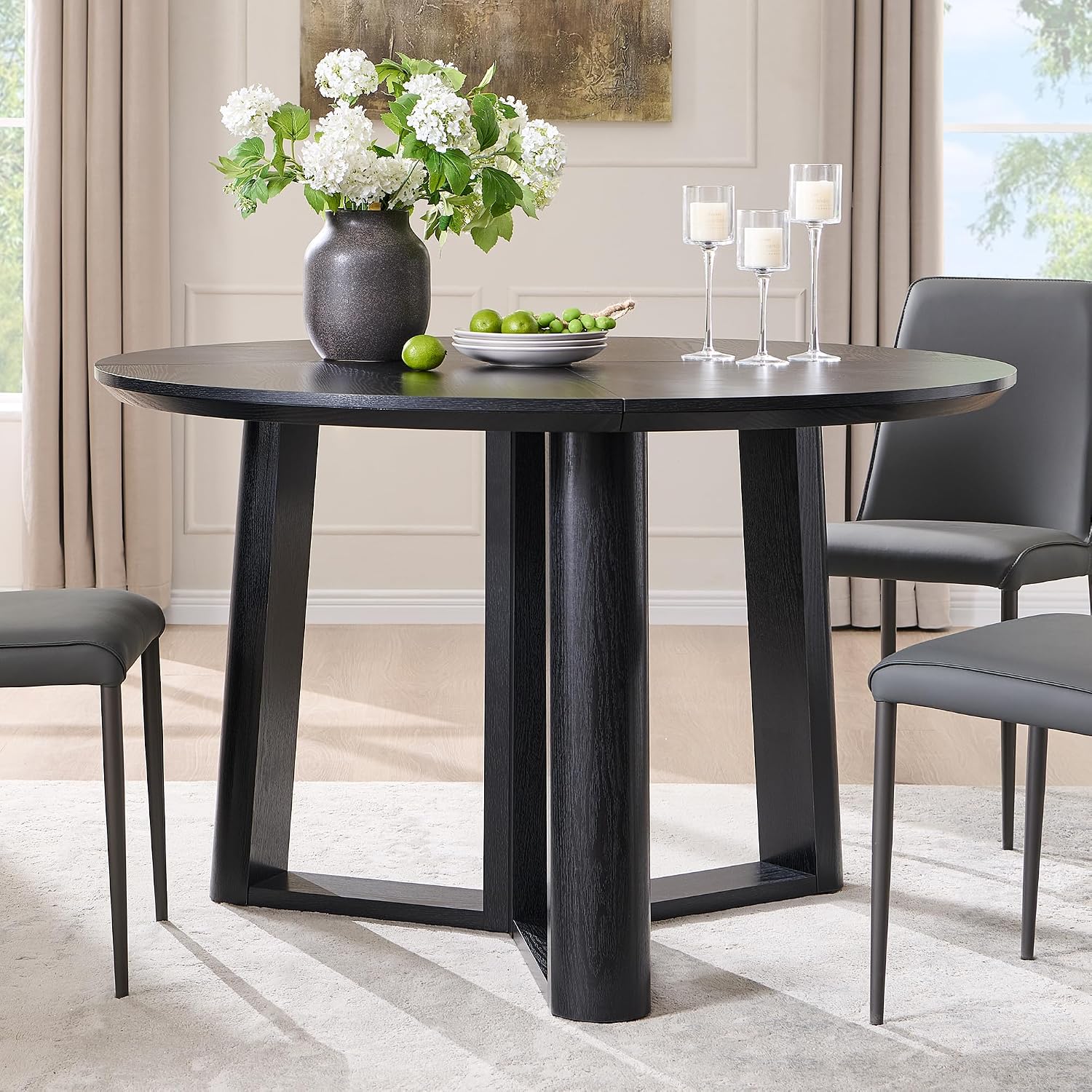 OKD 47' Dining Table for 4-6, Round Dining Room Table with Triangular Structure Pedestal Stable Base, Curved Table Edge, Circle Kitchen Tables for Dining Room, Kitchen, Black Oak