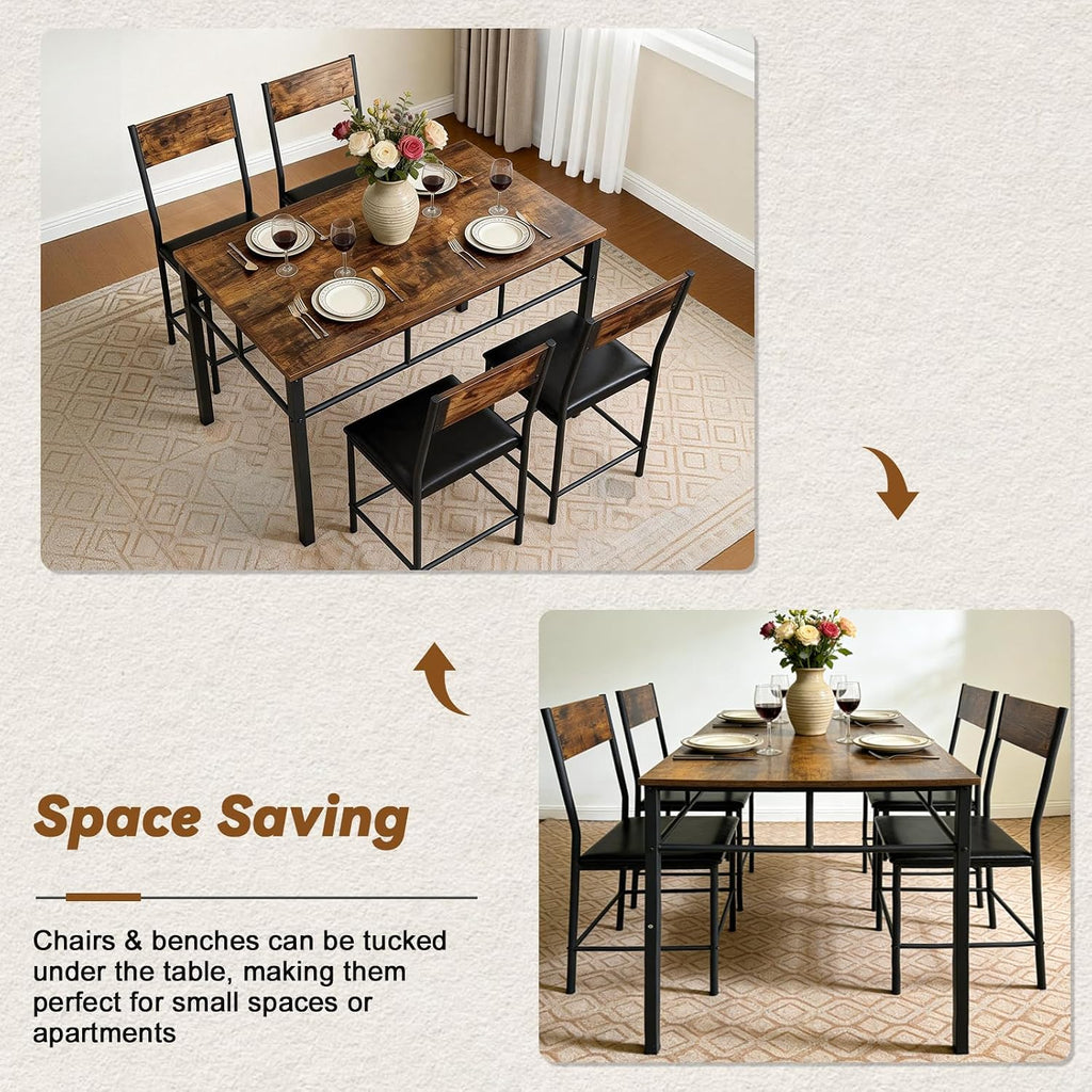 Dining Table Set for 4, Wood Industrial Style Kitchen Table with Upholstered Chairs, Kitchen Table and Chairs Set, Space-Saving Dining Room Set for Breakfast Nook and Small Spaces, Rustic Brown