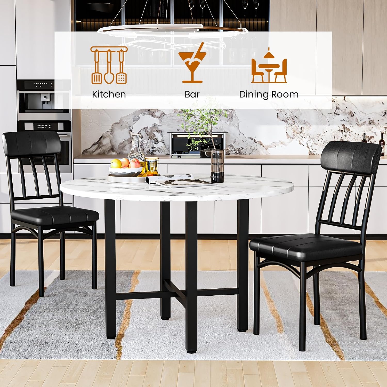 AWQM Round Dining Table Set for 4,Faux Marble Circle Dining Table Set with Chairs,Modern Kitchen Table and Chairs Set for 4,Round Dinner Table & Chair Set for Small Space,White