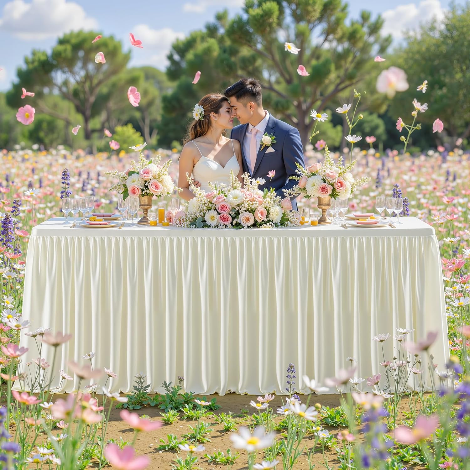 6 Packs Ivory Polyester Tablecloths Rectangle Tables 8ft, Stretch Fitted Table Covers for 8 Foot Tables Wrinkle Free Rectangle Table Cloth with Skirt for Birthday Party Events Banquet Baby Shower