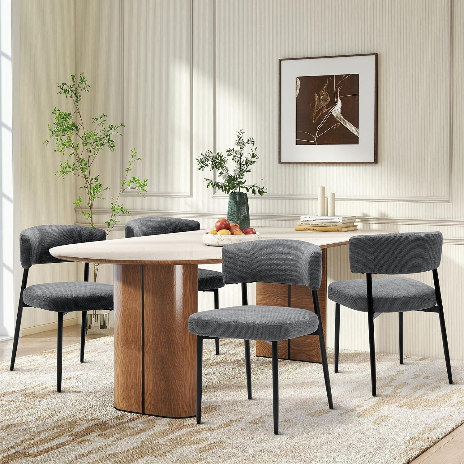 DUMOS Dining Chairs Set of 4, Mid Century Modern Chair Round Upholstered Curved Backrest, Kitchen Vanity Living Room Chairs with Black Metal Legs, Grey